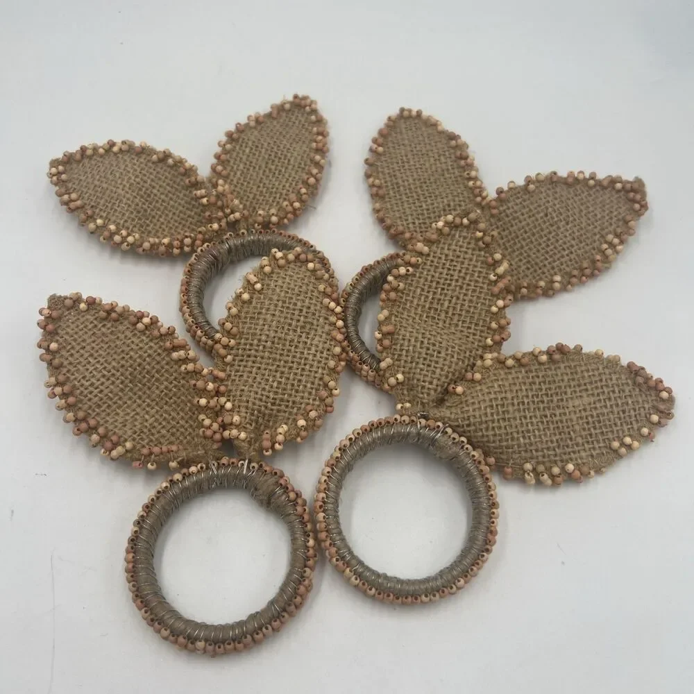 4 Nicole Miller Napkin Ring Easter Bunny Ears Beaded Burlap Tan Set Shabby Chic